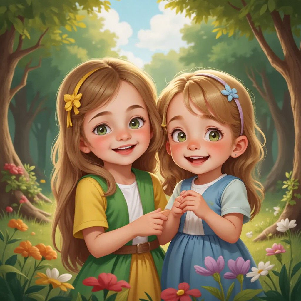 מאי and a little girl named לונה playing and laughing together in a magical setting