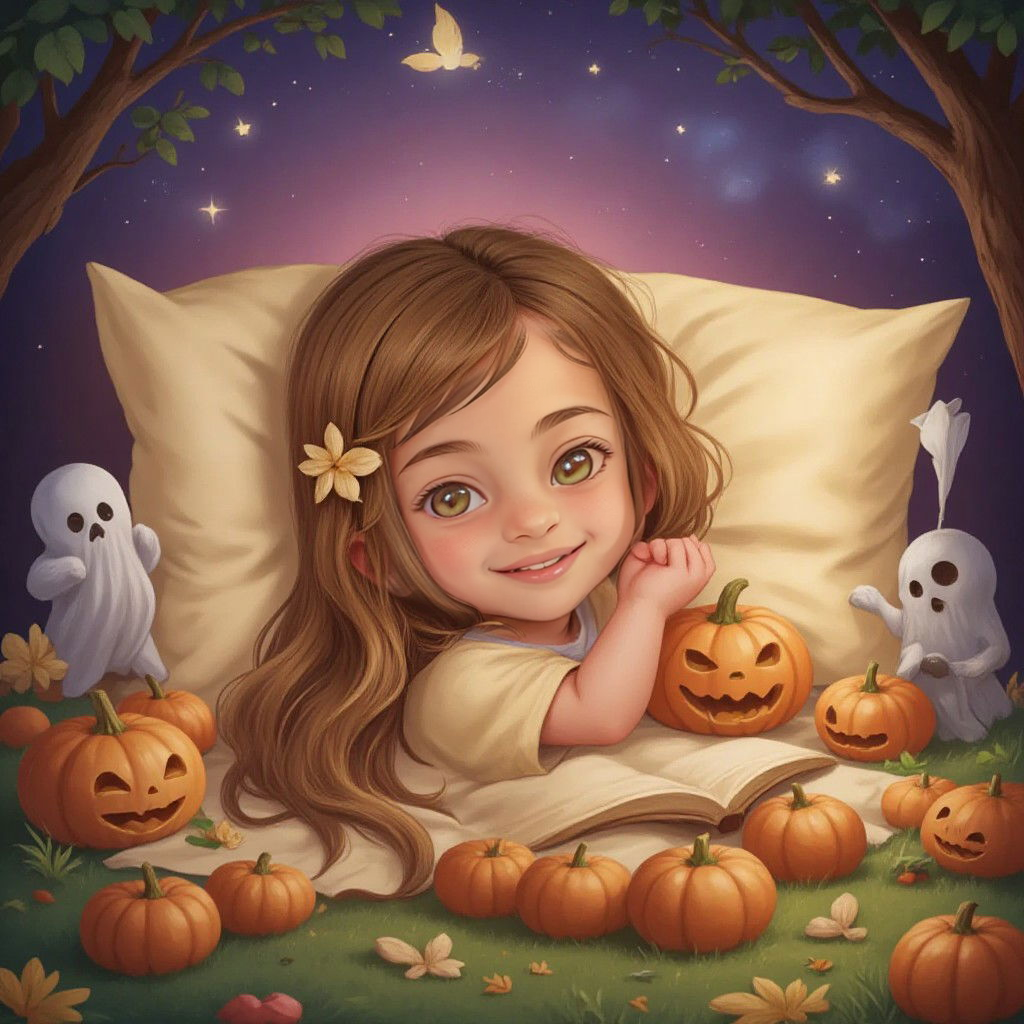 מאי in Pink bed and green pillows with a cute zombie print. מאי with a big smile, dreaming about her adventures with pumpkins, ghosts, and magical creatures