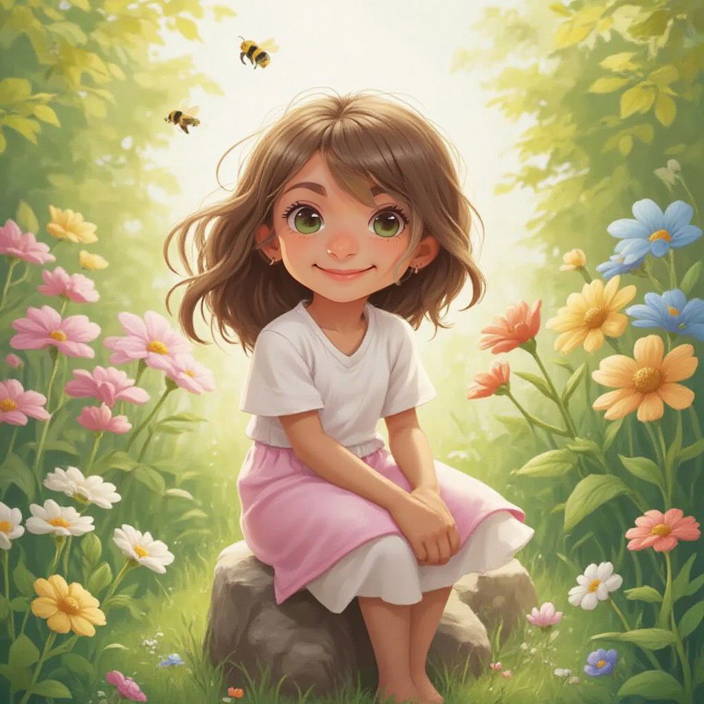 Posey sitting on a rock in a vibrant garden filled with colorful flowers and buzzing bees