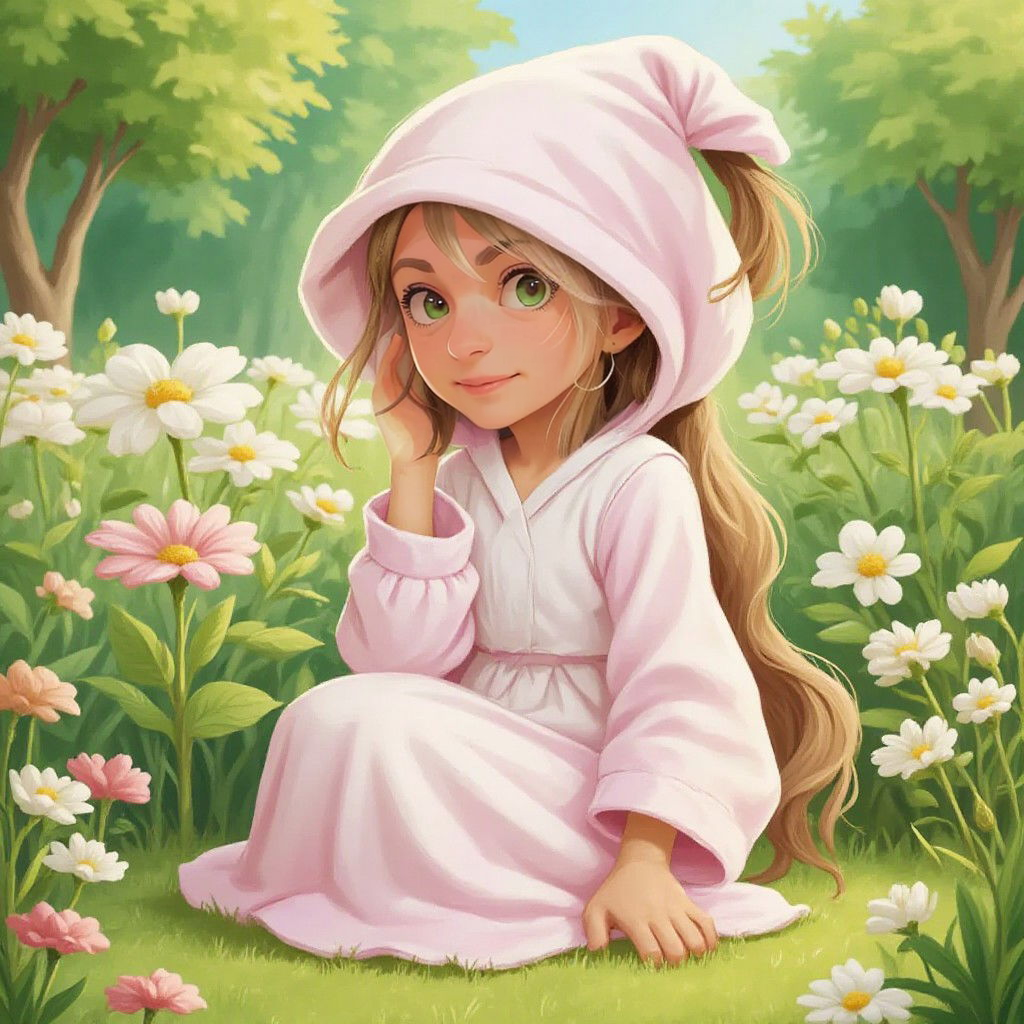 Posey sitting in her garden with a thoughtful expression, surrounded by flowers
