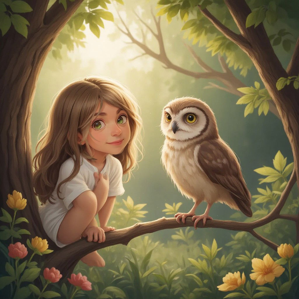 A wise old owl perched on a tree branch, overlooking Posey in the garden