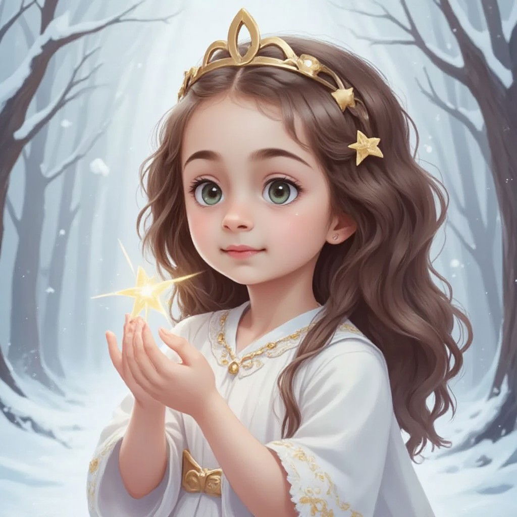 Snowing around, Etuna wearing beautiful princess dress, holding carefully her hand magical little star, draw natural hands 5 finger