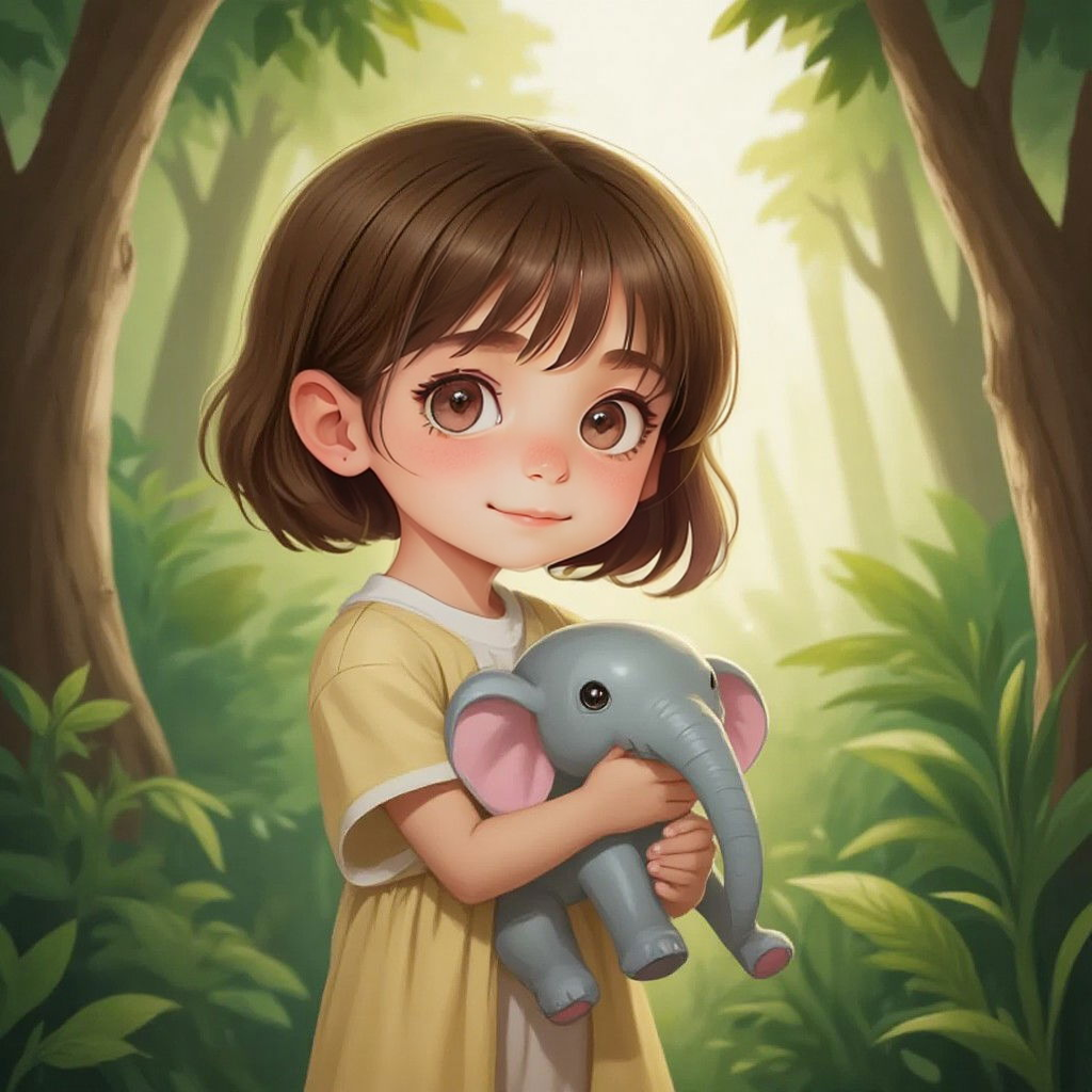 Ella standing in the jungle holding a toy elephant, with tall trees surrounding her.