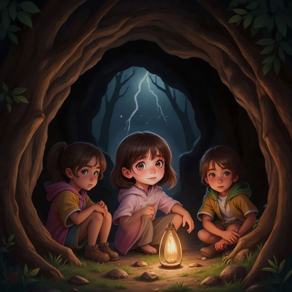 Ella and her friends huddled inside a cozy cave during a storm.