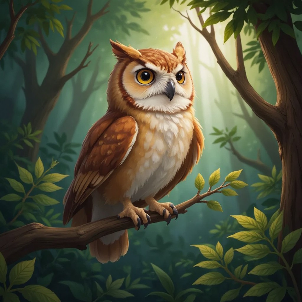 A wise owl perched on a tree branch in a dense jungle setting