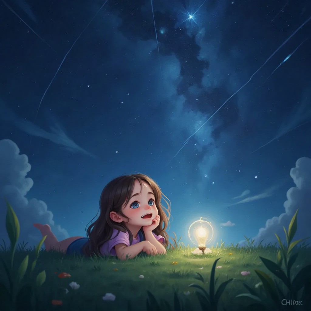 Ella lying on grass under a starry night sky