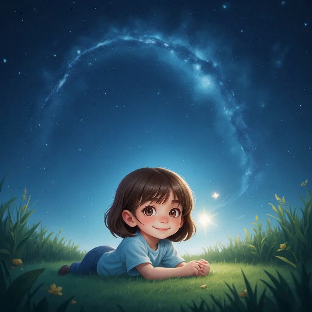 Ella lying on grass under a starry night sky