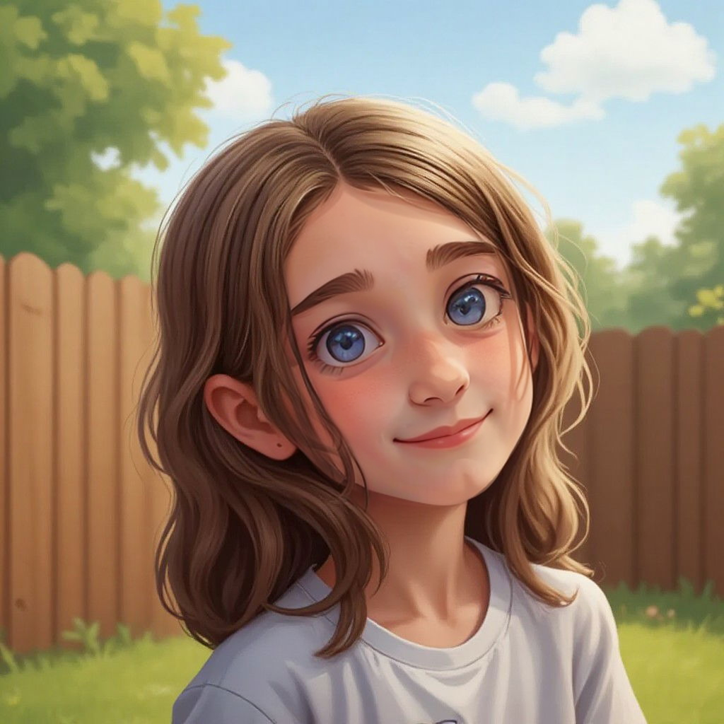 Juliette looking up at the sky in her backyard with a brown fence in the background