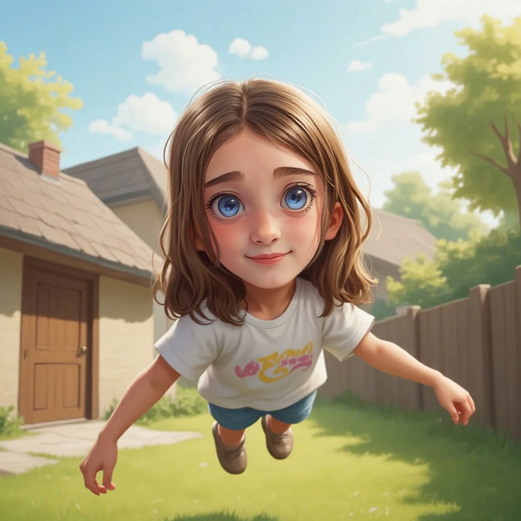 Juliette soaring through the air in her backyard, astonished by her new ability.