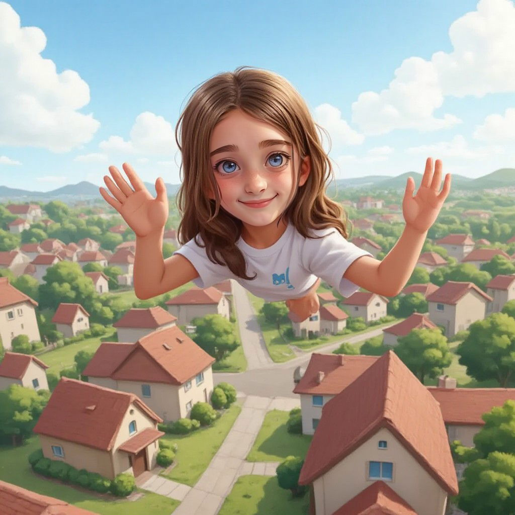 Juliette flying over her neighborhood, waving joyfully at her friends below.