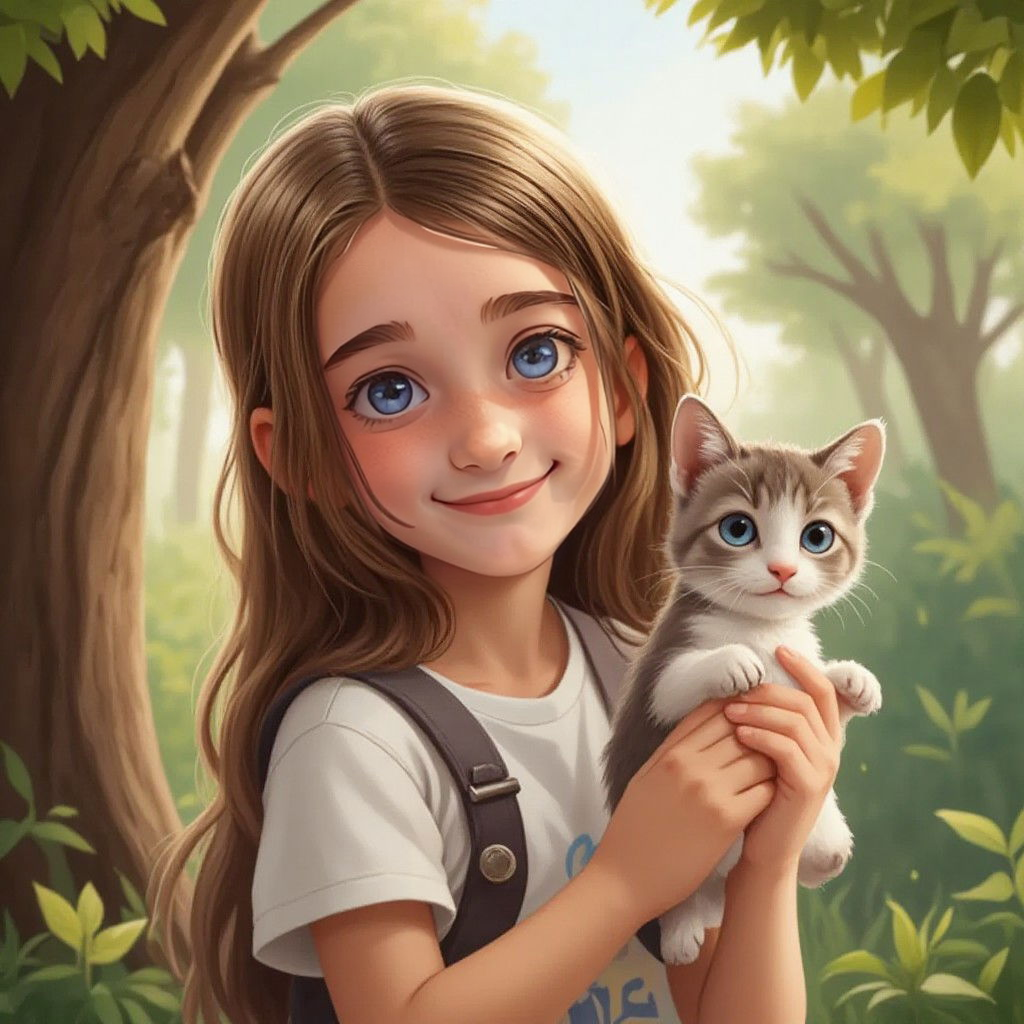 Juliette gently carrying a kitten down from a tree, with a look of pride on her face.
