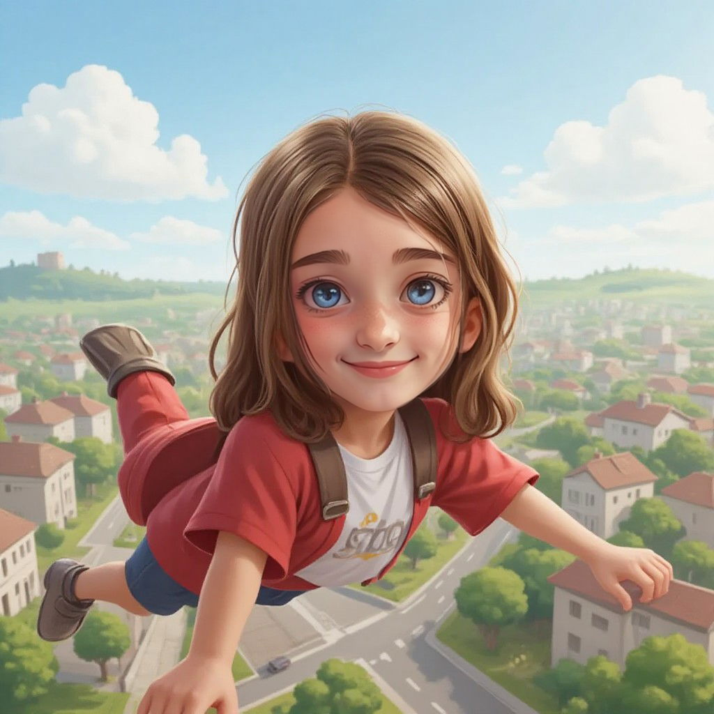 Juliette flying over her town with Charlotte, all smiling and enjoying the view.