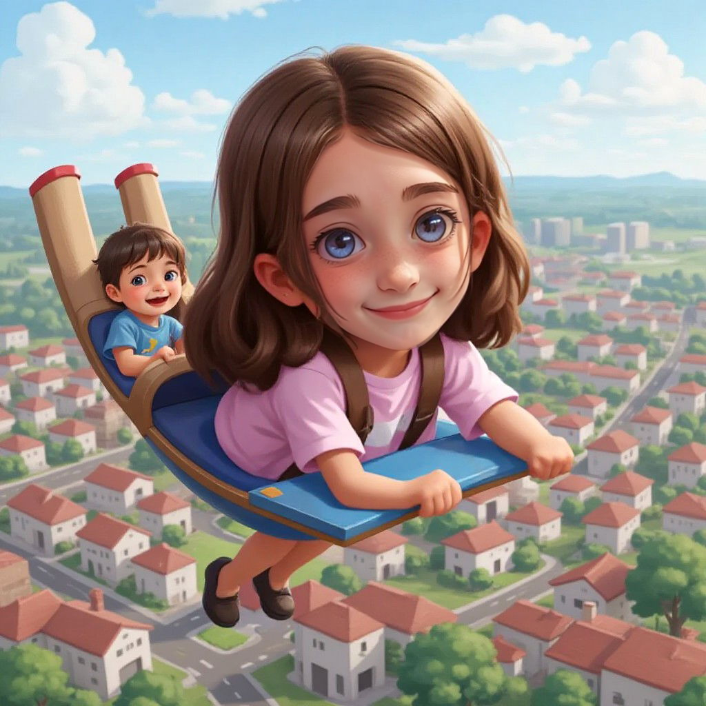 Juliette flying over her town with friends, all smiling and enjoying the view.