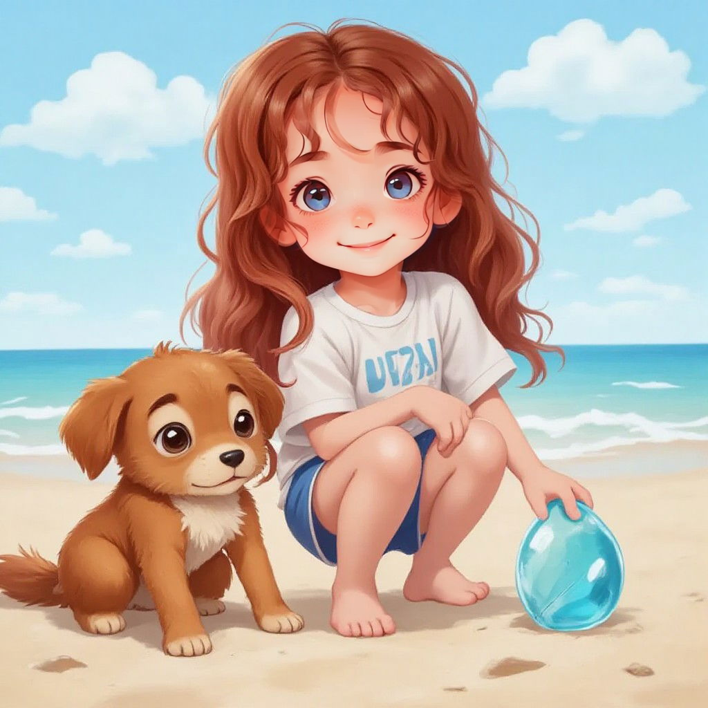 Rose kneeling on the beach, holding a shiny piece of blue glass with the sea in the background
