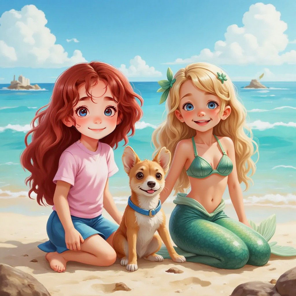 Rose and the beautiful mermaid with blond hair sitting together on the beach