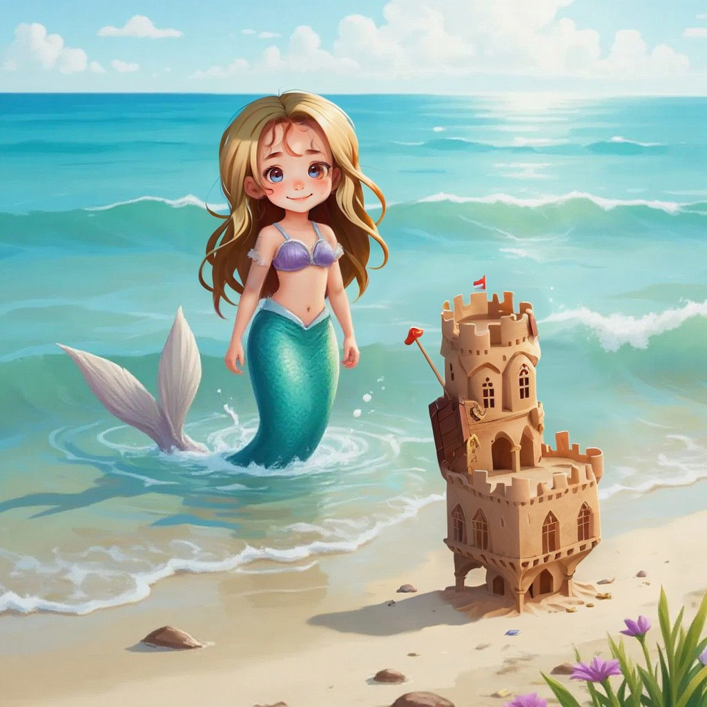 A beautiful mermaid rising from the sea, smiling at Rose who sits on the shore