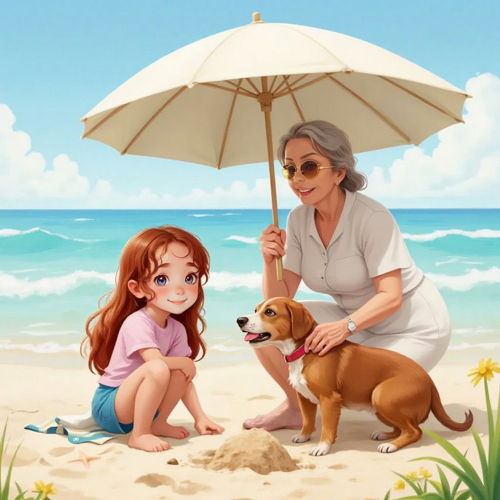 Rose kneeling on the beach under a beach umbrella listening to her grandmother and the dog is digging in the sand