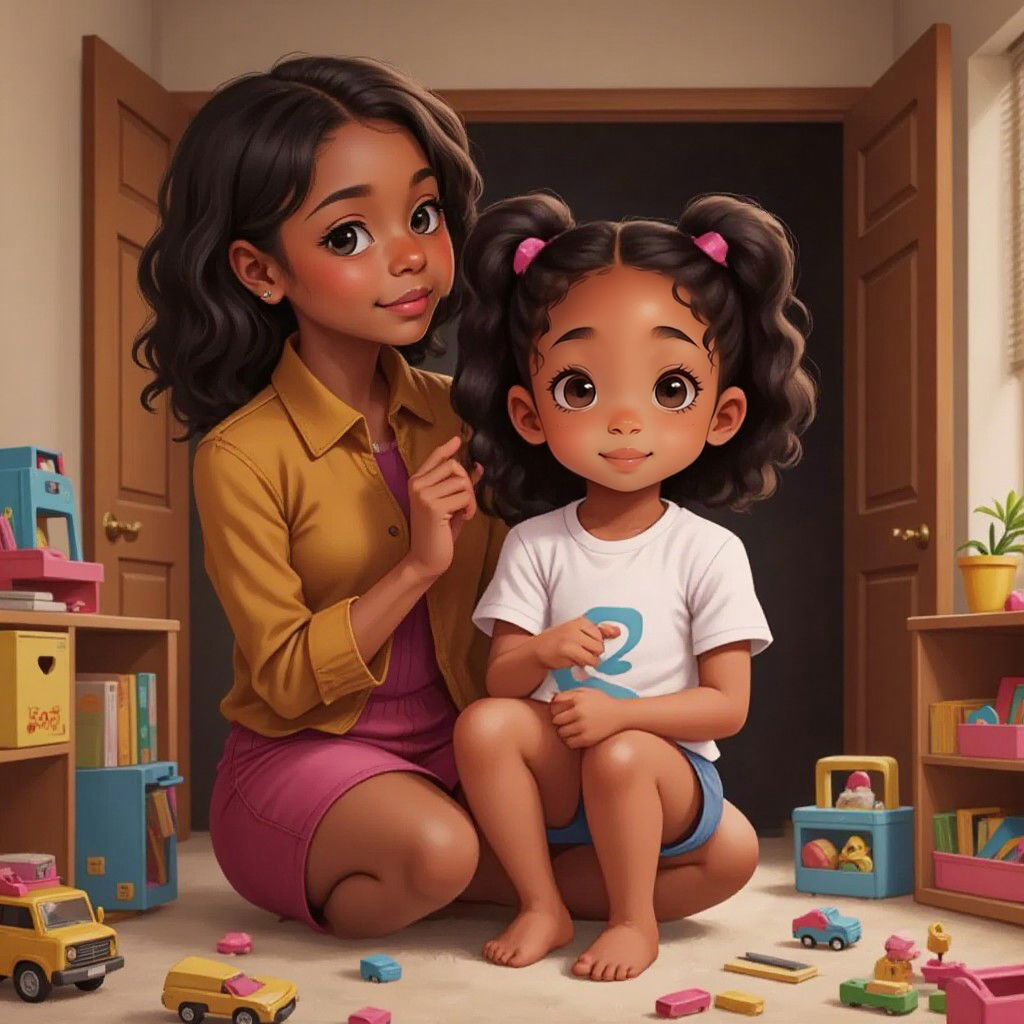 Toys are spreaded across the room, Vaeh sits in Kels lap as she does her hair