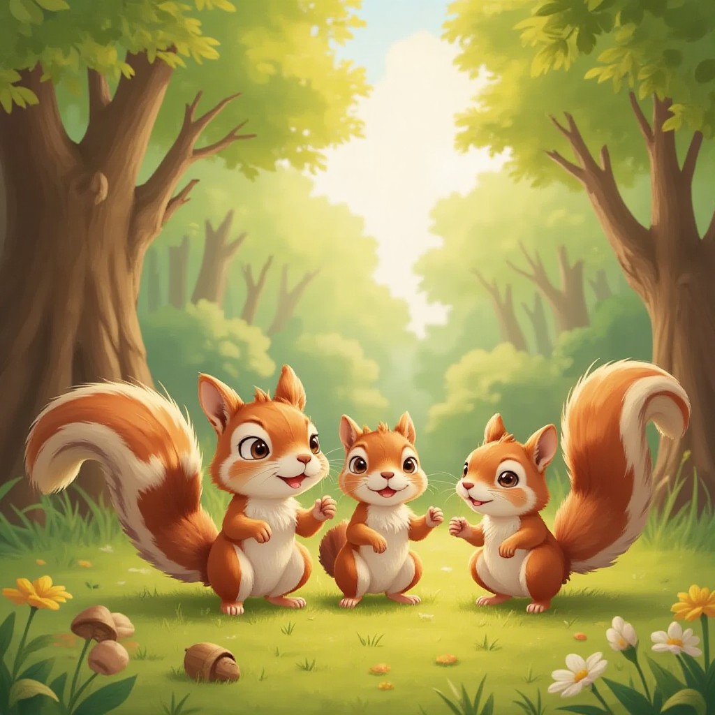 A family of playful squirrels offering acorns in a sun-dappled forest clearing