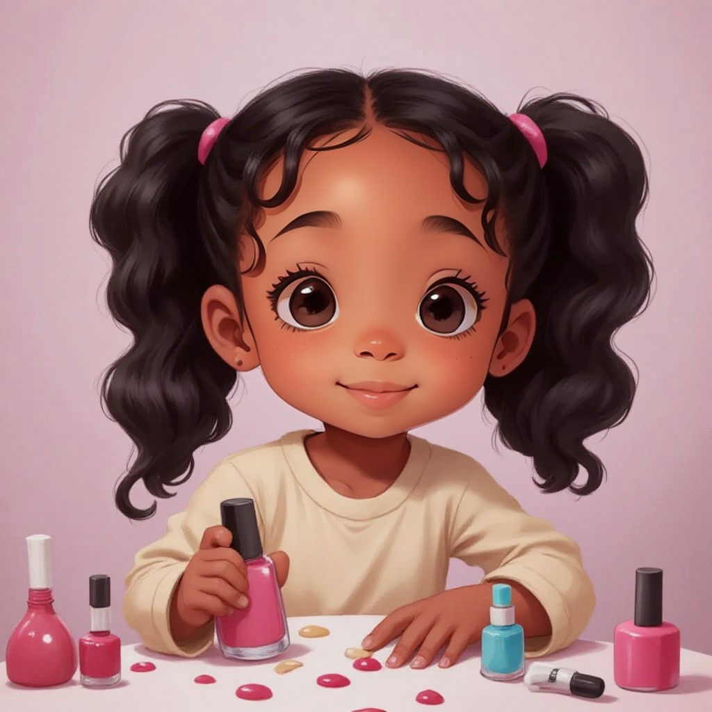 Smiling Vaeh holding a nail polish, with lots of nail polish around her
