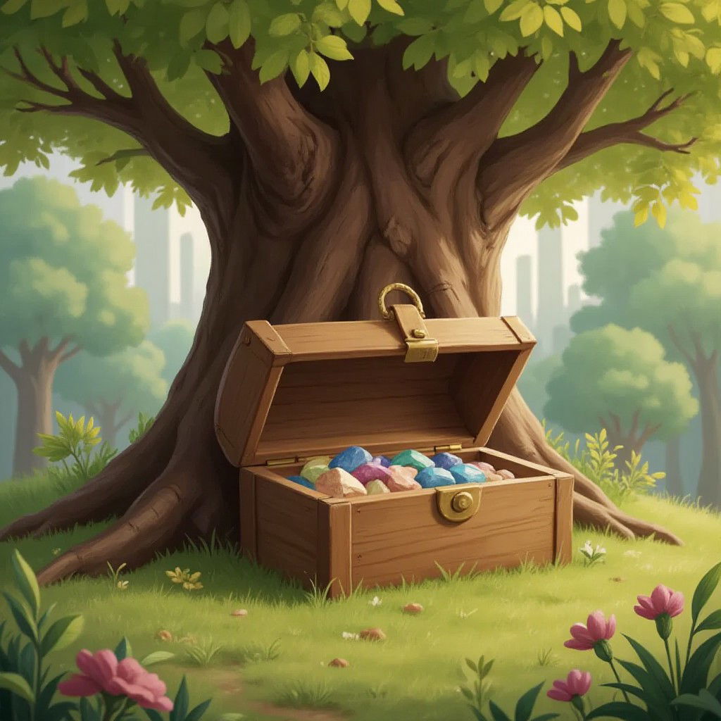 A small wooden box with shiny stones under a large oak tree