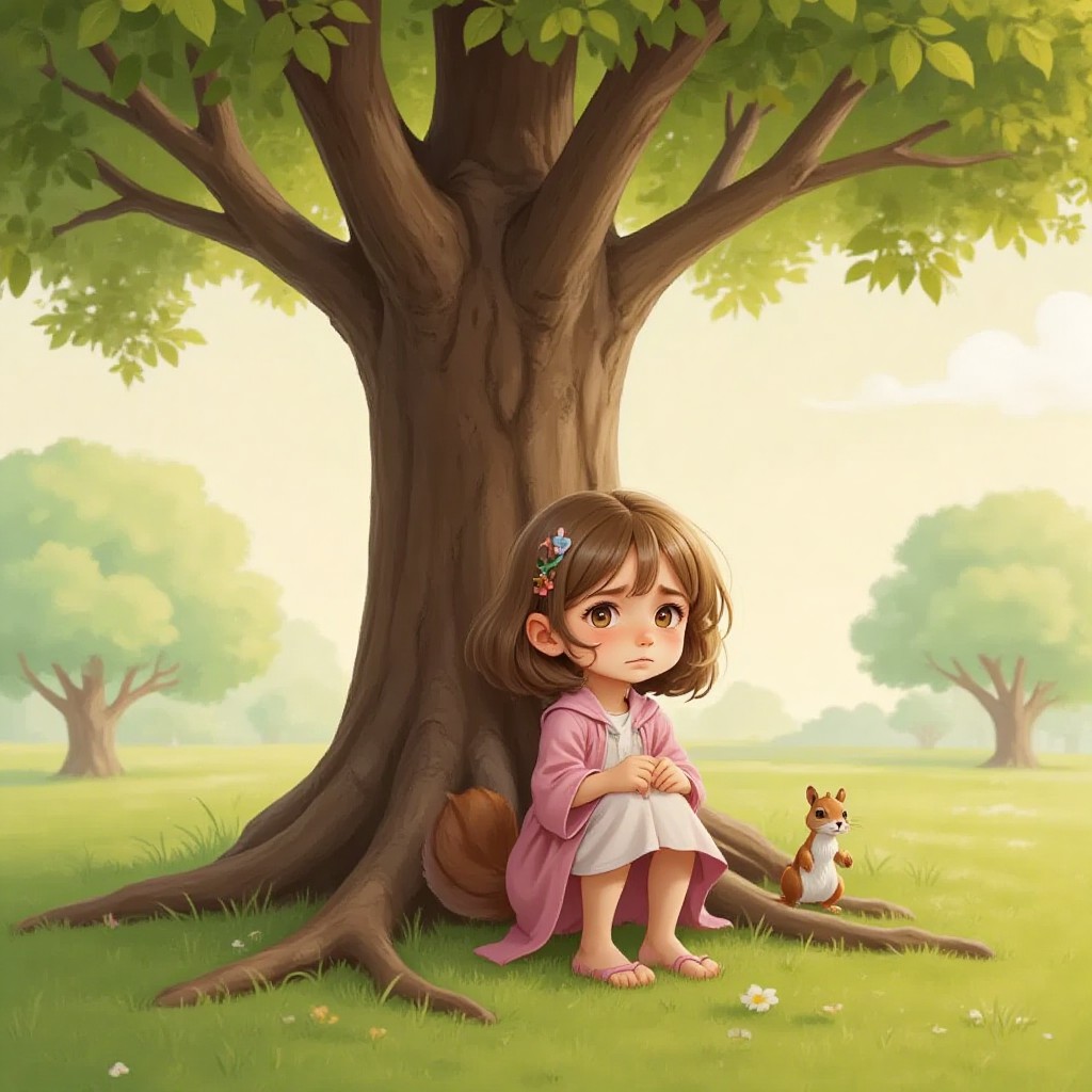 Emma sitting under a large tree with a sad expression, a tiny squirrel watching her from a branch