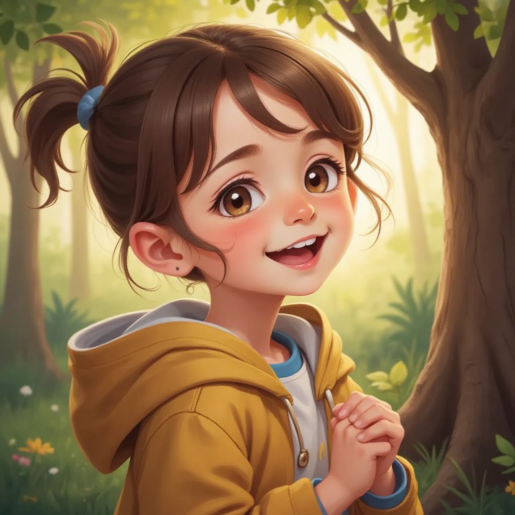 Emma with a big smile on her face, looking excited under the tree