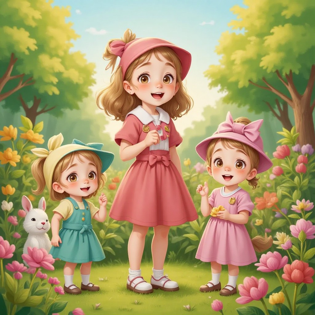 Emma standing in a garden, surrounded by her friends with a joyful expression