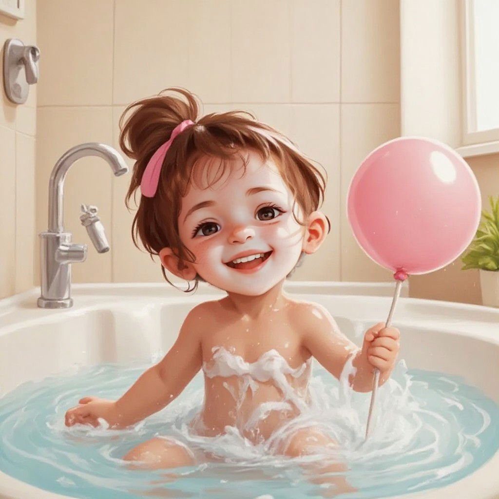 Ruby splashing in the tub with a toy balloon, giggling with joy