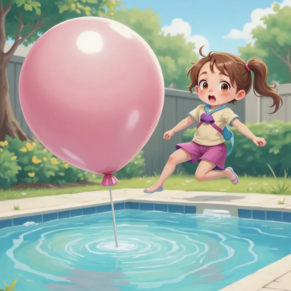 A balloon bouncing into a pool with a surprised Kyra mid-jump