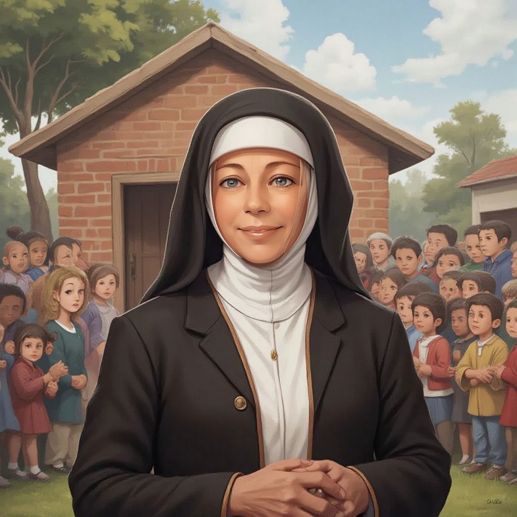 Mary Mackillop standing in front of a small schoolhouse with children gathered around her, looking determined and happy