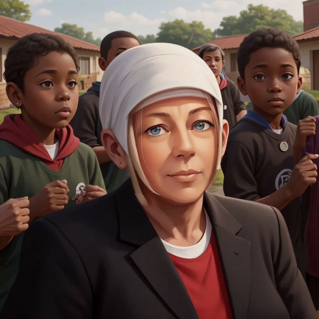Mary Mackillop surrounded by villagers helping to build and improve the school, with a look of determination on her face