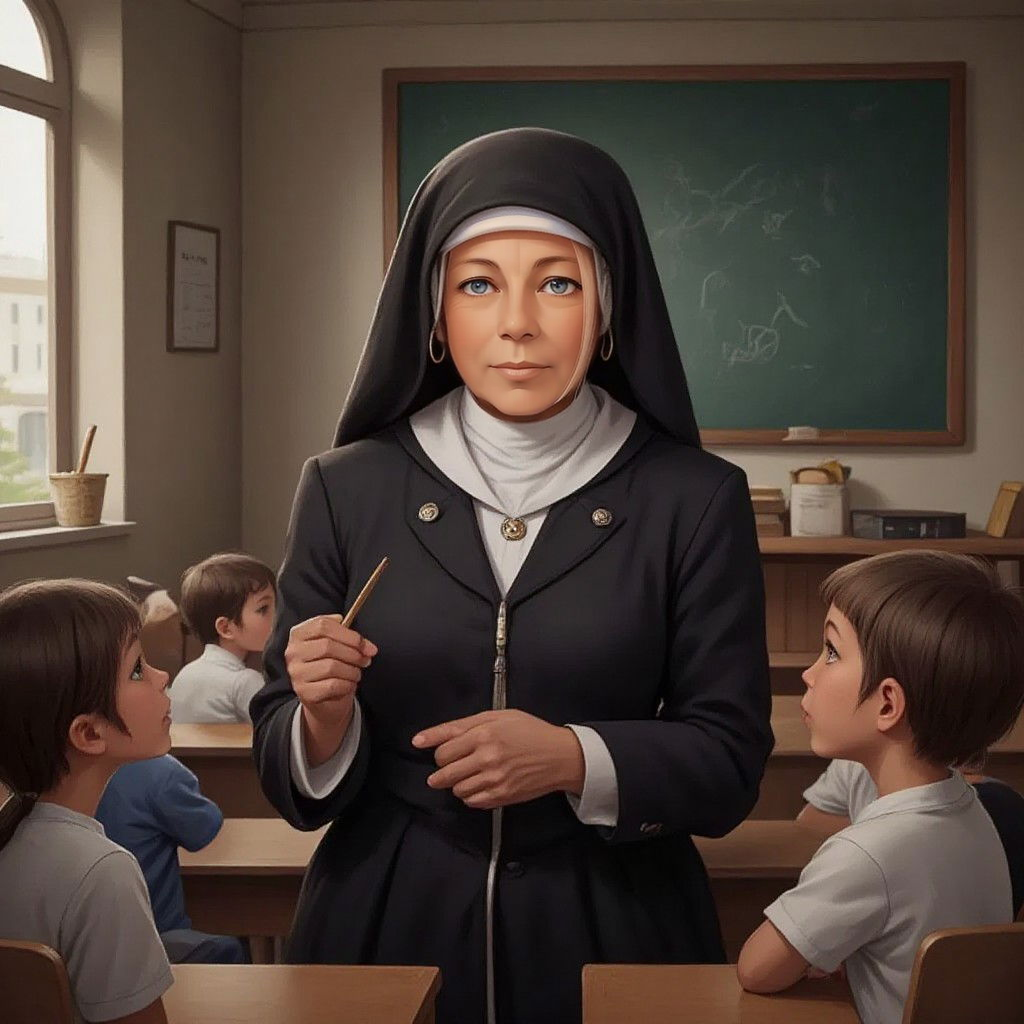 Mary Mackillop teaching children inside a classroom, with a blackboard in the background