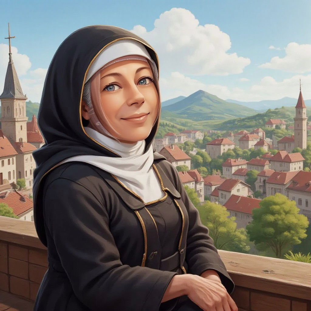 An older Mary Mackillop sitting on a bench, looking out at a vibrant village with a content smile