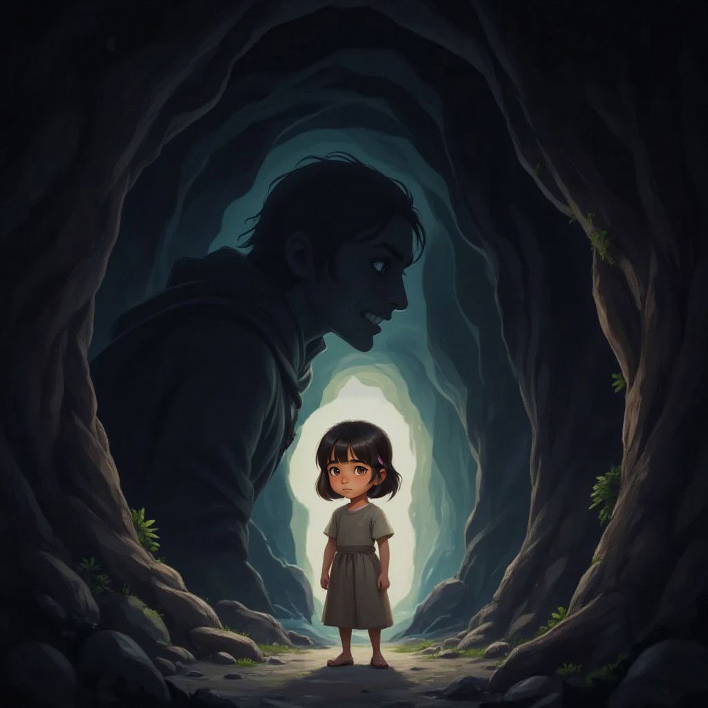 Puja standing in the Moonstone Cavern, facing a shadowy figure with determination on her face