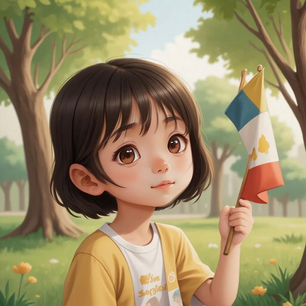 Chelle looking curiously at a flag hanging from a tree in a park