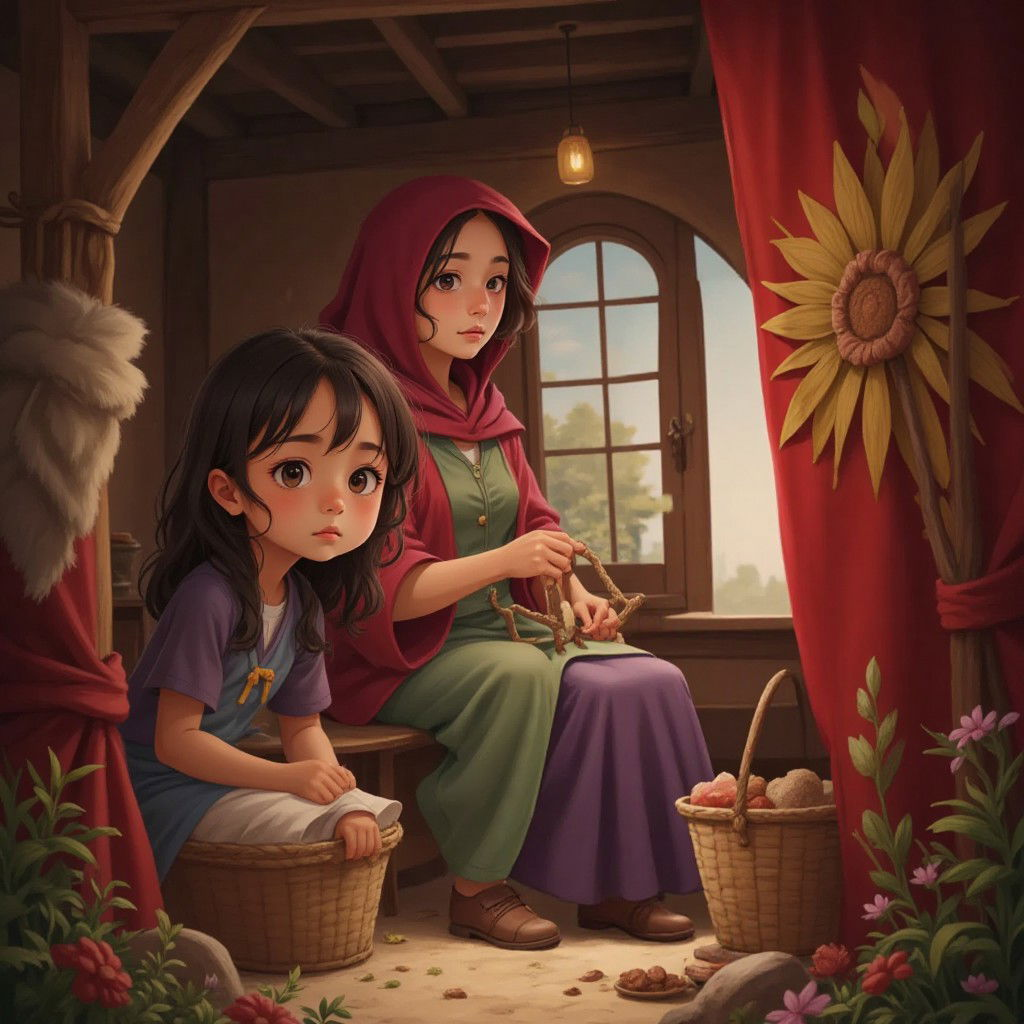 A woman weaving a flag in a historical setting, with Chelle watching intently