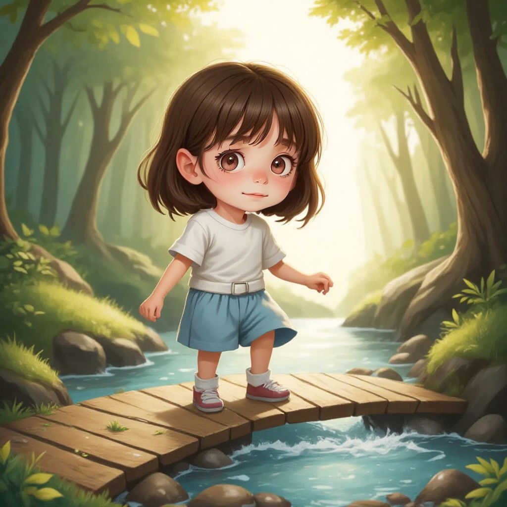 Ella carefully crossing a wobbly wooden bridge over a sparkling stream