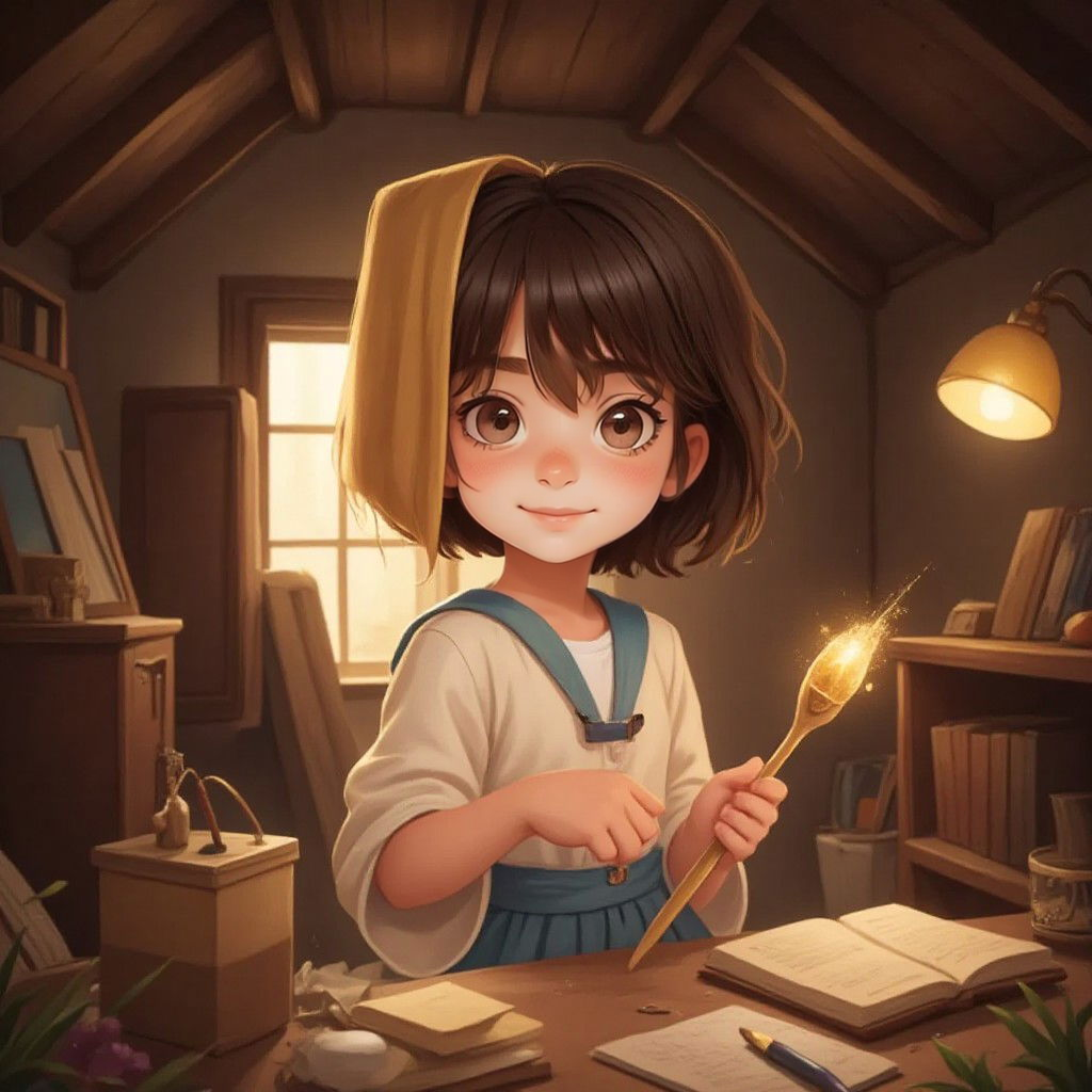 Lora discovering a golden, sparkly paintbrush in a dusty attic filled with old furniture and sunbeams streaming through a small window
