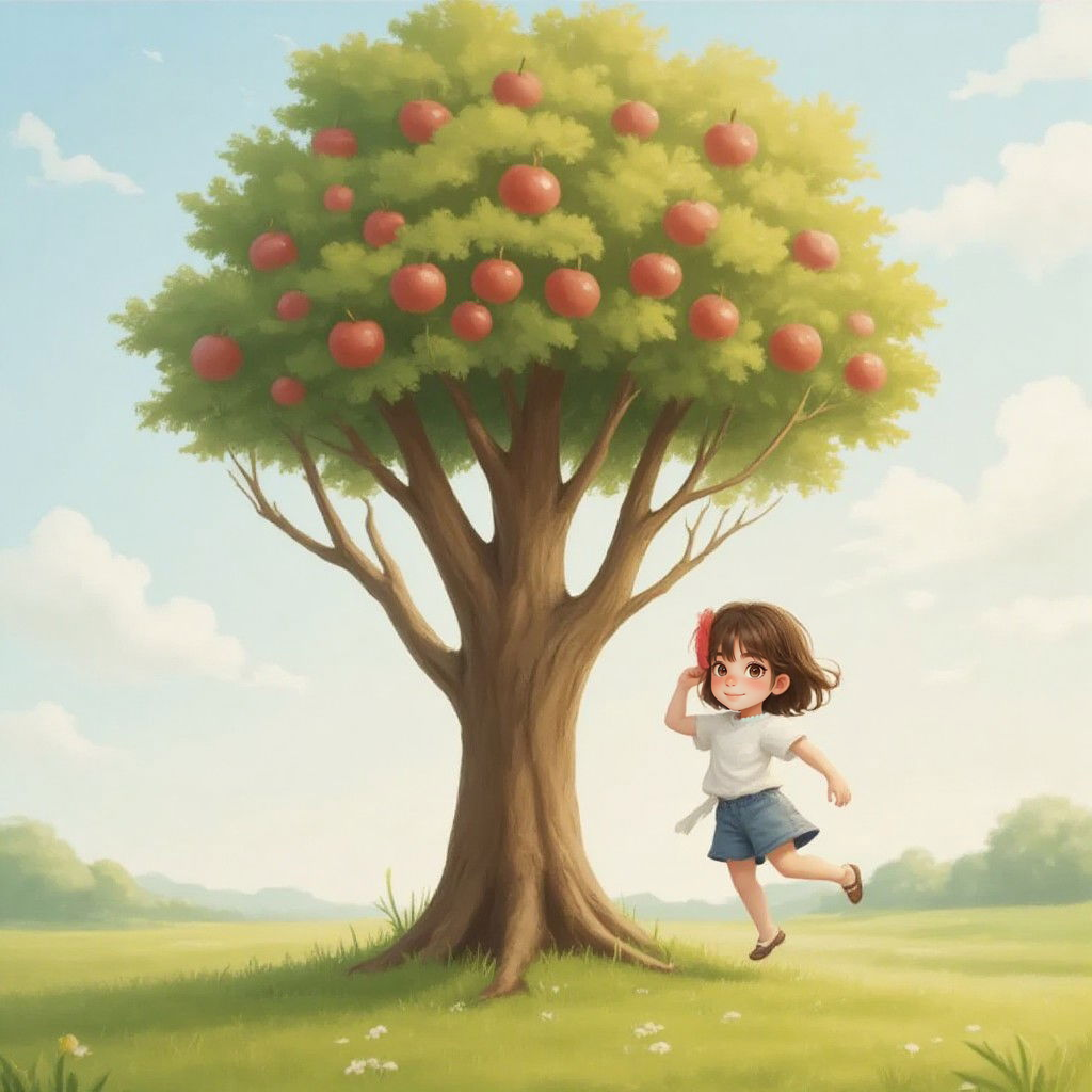 A majestic apple tree materializing from paint strokes in an empty field, with Lora jumping excitedly nearby