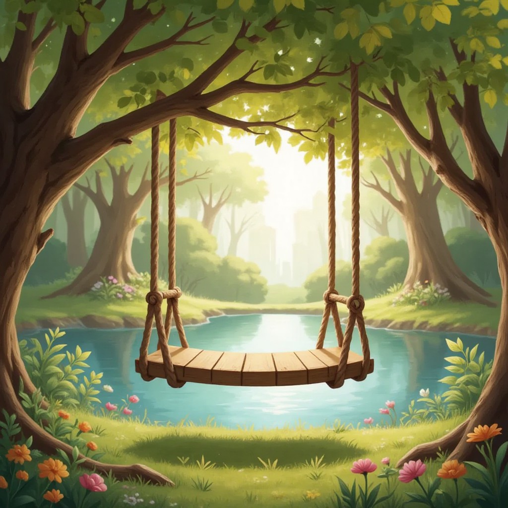 A beautiful wooden swing hanging from a tree branch, with a sparkling pond visible in the background