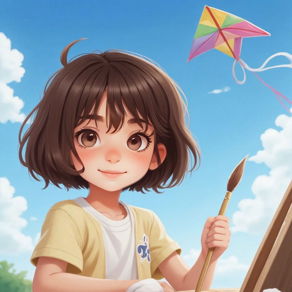 Lora painting with her magical brush, with a colorful kite soaring in the blue sky above