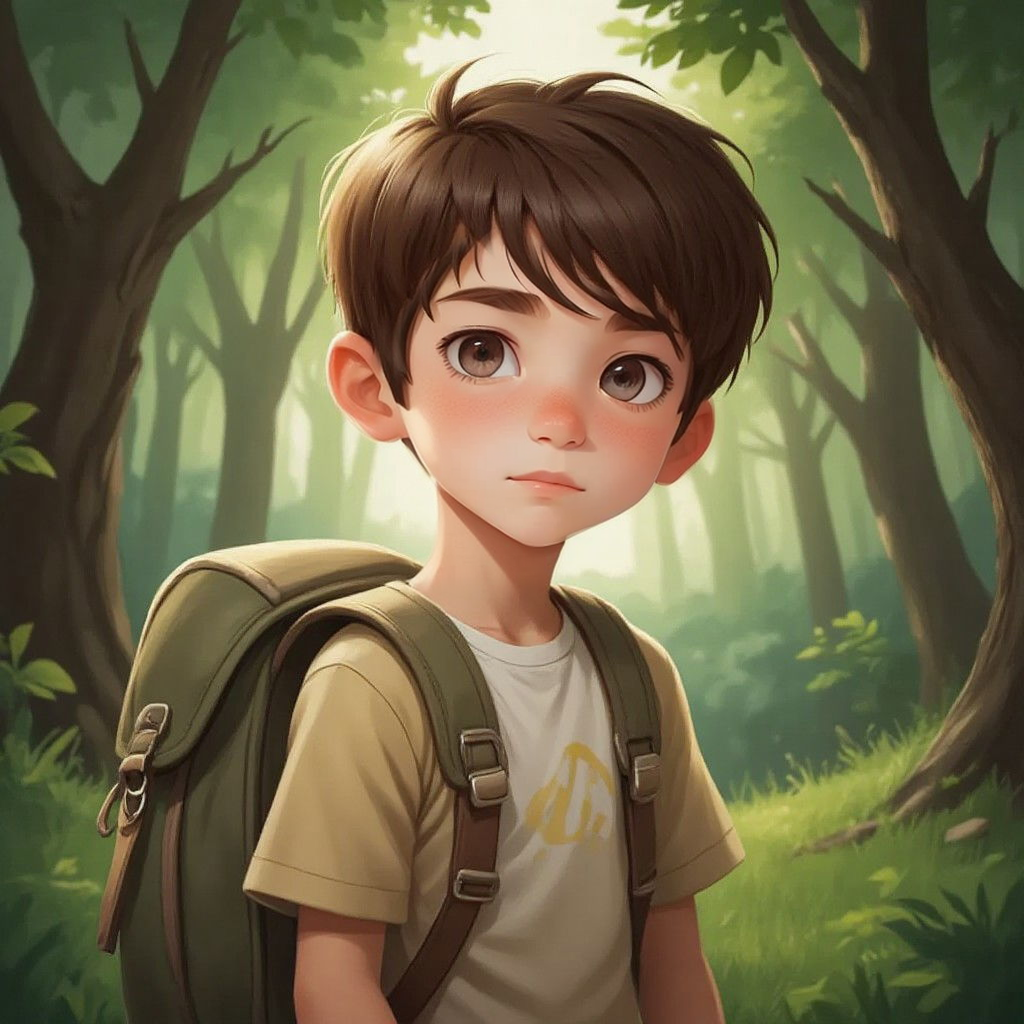 Jase standing at the edge of a forest with a backpack, looking curious