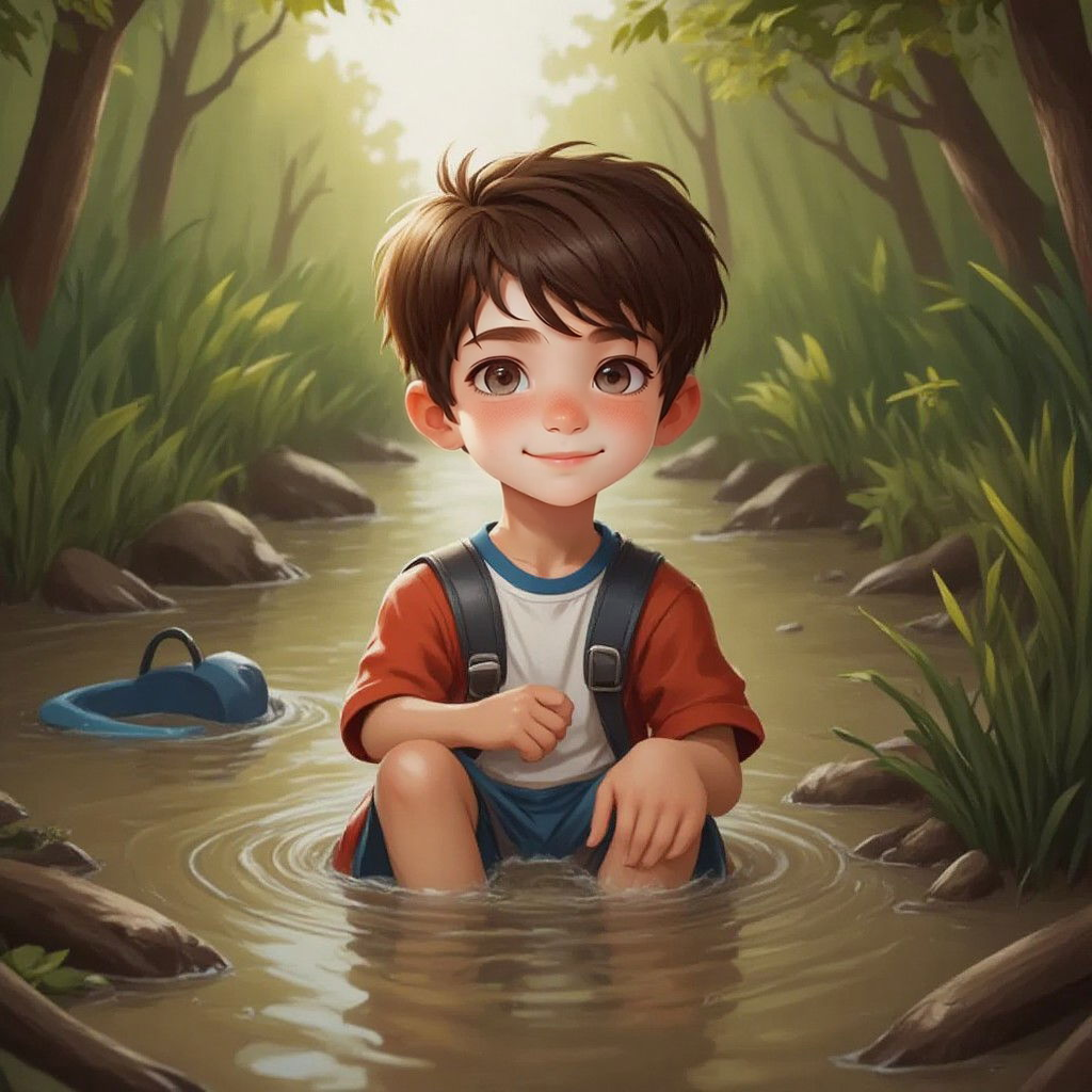 Jase sitting in a muddy swamp, laughing, with a floating backpack nearby