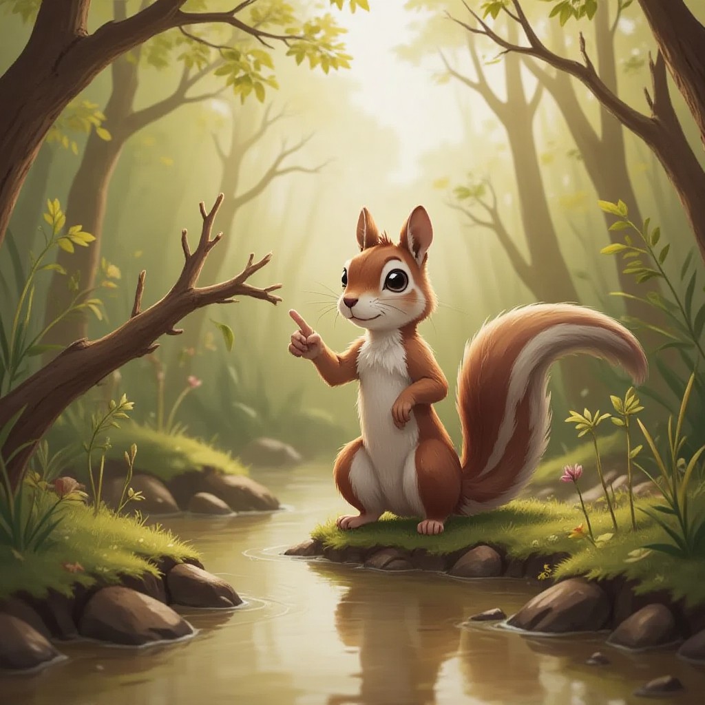 A friendly squirrel pointing at a fallen branch near a muddy swamp