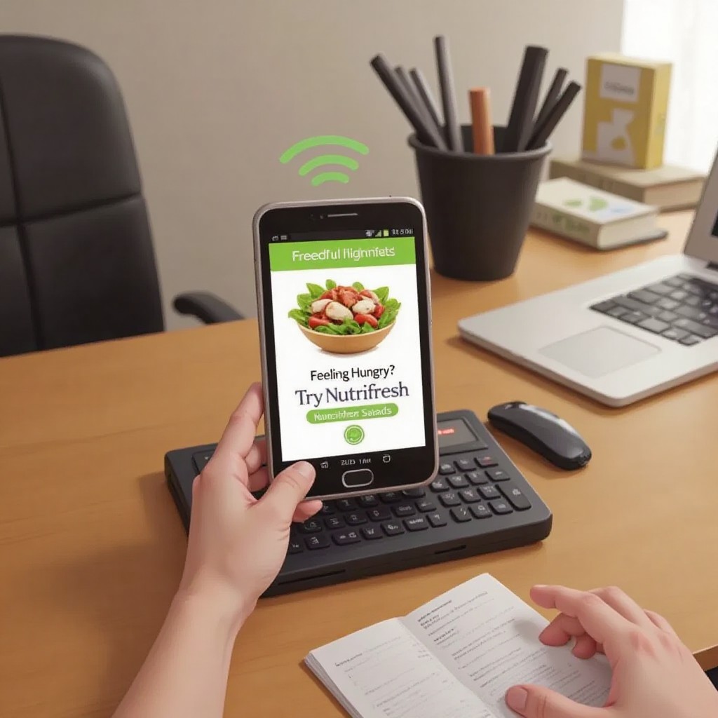 Lila taps the screen, placing an order. The app shows "Delivery in 15 minutes" with a cheerful salad icon.