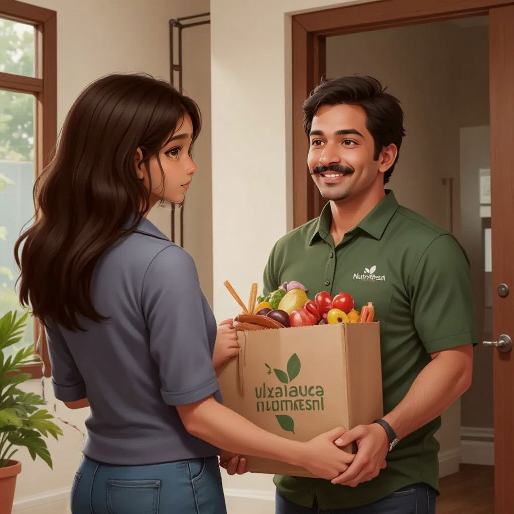 Tom, the delivery person, smiling as he hands a Nutrifresh bag to Lila at the door
