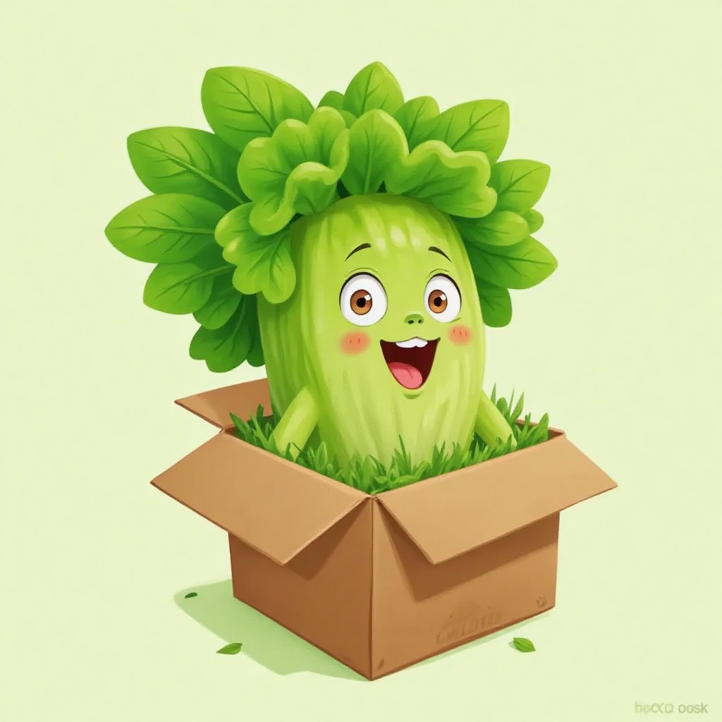 Freshie, the salad mascot(Lettuce), popping out of a salad box with a cheerful expression