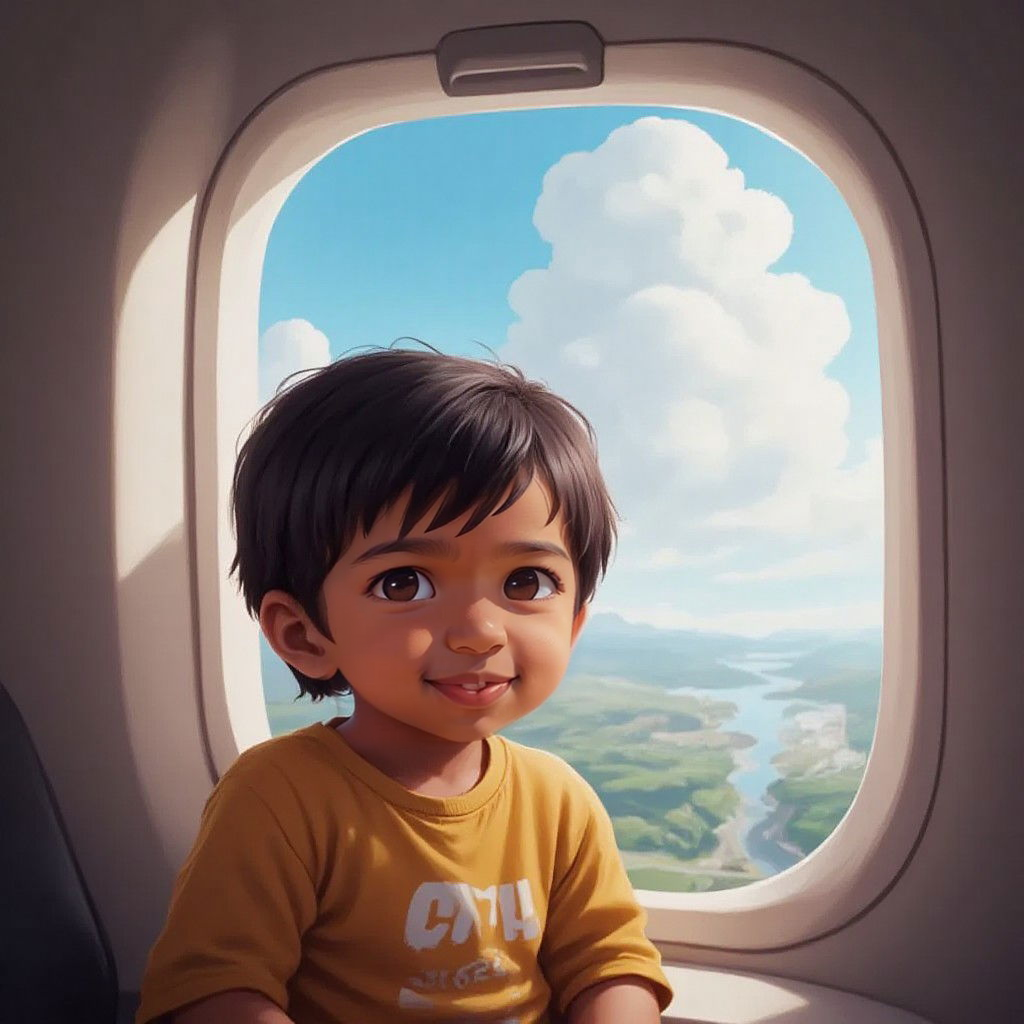 Arjun gazing out of an airplane window, with clouds and a magical view below