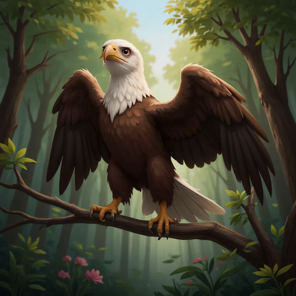 Mr. Eagle perched on a low branch with his wings slightly spread, against a forest backdrop